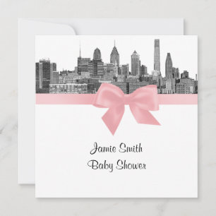 Philadelphia Skyline Etch BW Pink Baby Shower Invitation