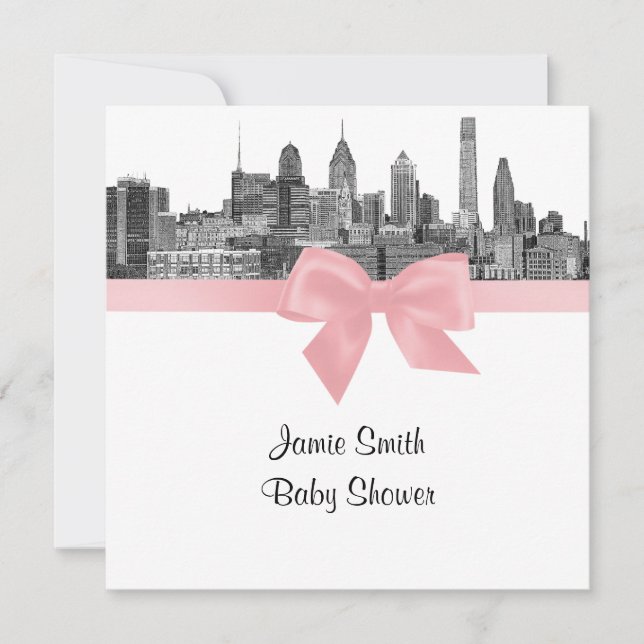 Philadelphia Skyline Etch BW Pink Baby Shower Invitation (Front)