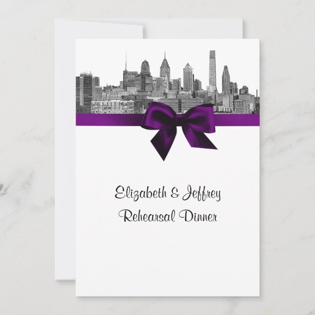 Philadelphia Skyline Etch BW Purp V Rehearsal Invitation (Front)