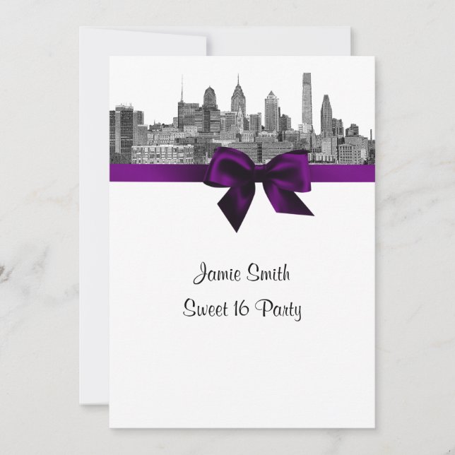 Philadelphia Skyline Etch BW Purpl V Sweet Sixteen Invitation (Front)
