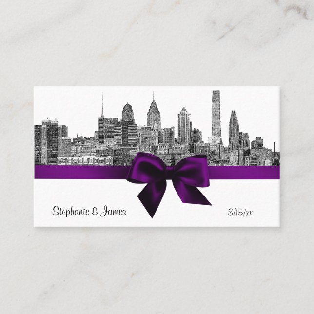 Philadelphia Skyline Etch BW Purple Place Cards #2 (Front)