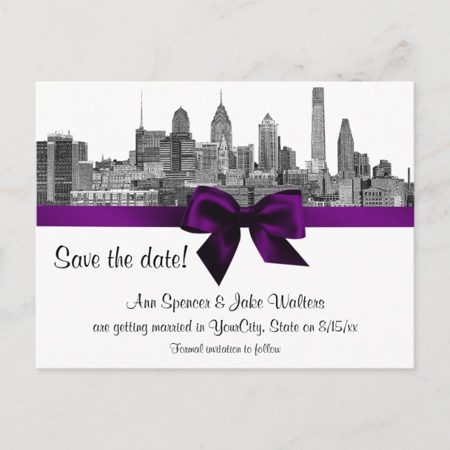 Philadelphia Skyline Etch BW Purple Save the Date Announcement Postcard (Front)