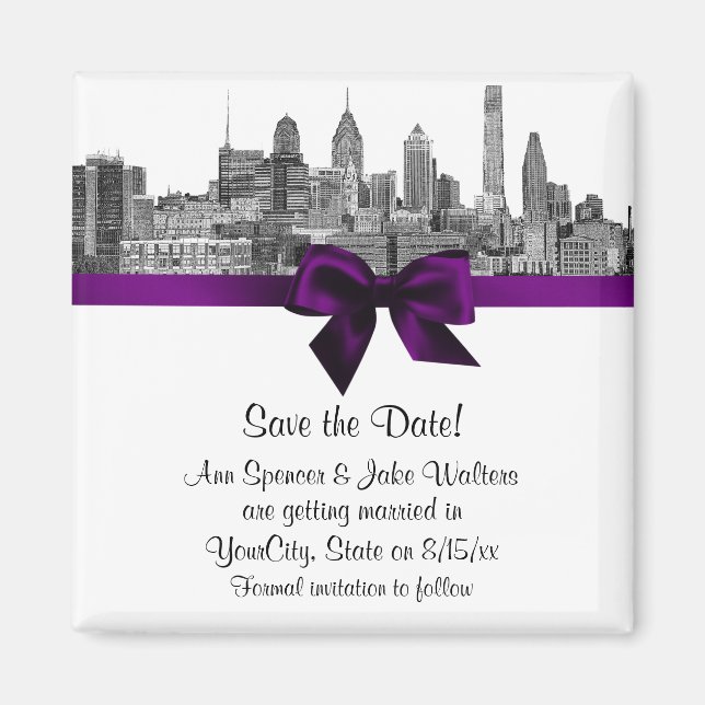 Philadelphia Skyline Etch BW  Purple Save the Date Magnet (Front)