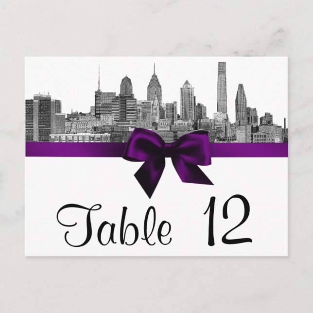 Philadelphia Skyline Etch BW Purple Table Number Postcard (Front)