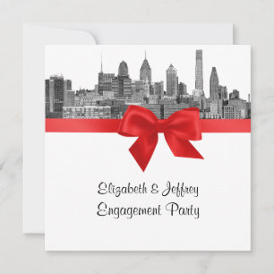 Philadelphia Skyline Etch BW Red Engagement Party Invitation