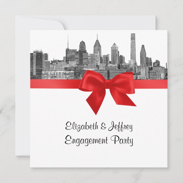 Philadelphia Skyline Etch BW Red Engagement Party Invitation (Front)