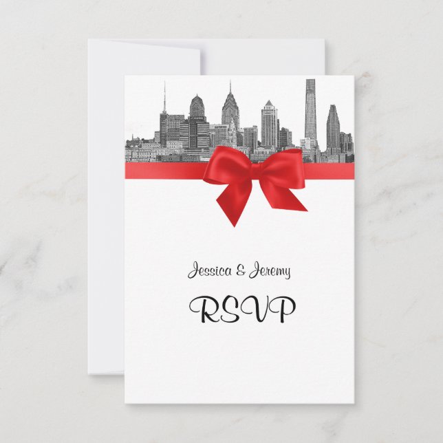 Philadelphia Skyline Etch BW Red RSVP #2 Card (Front)