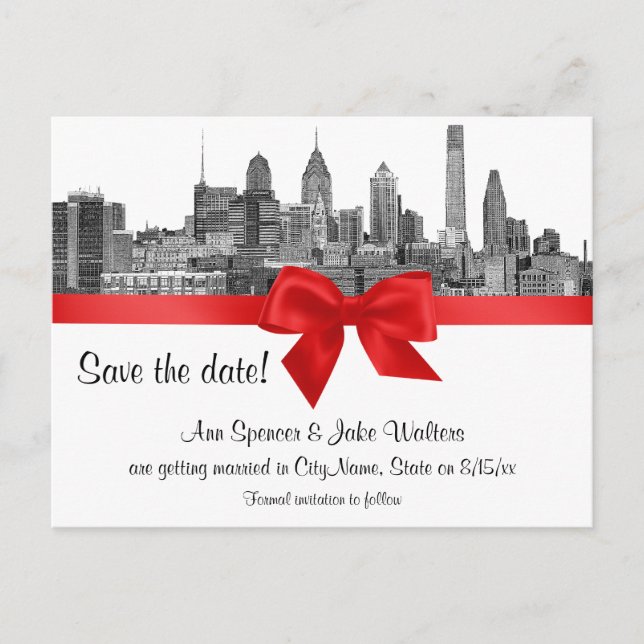 Philadelphia Skyline Etch BW Red Save the Date Announcement Postcard (Front)