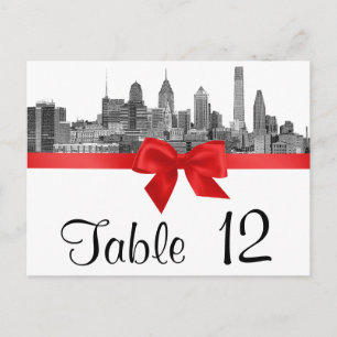 Philadelphia Skyline Etch BW Red Table Number Postcard