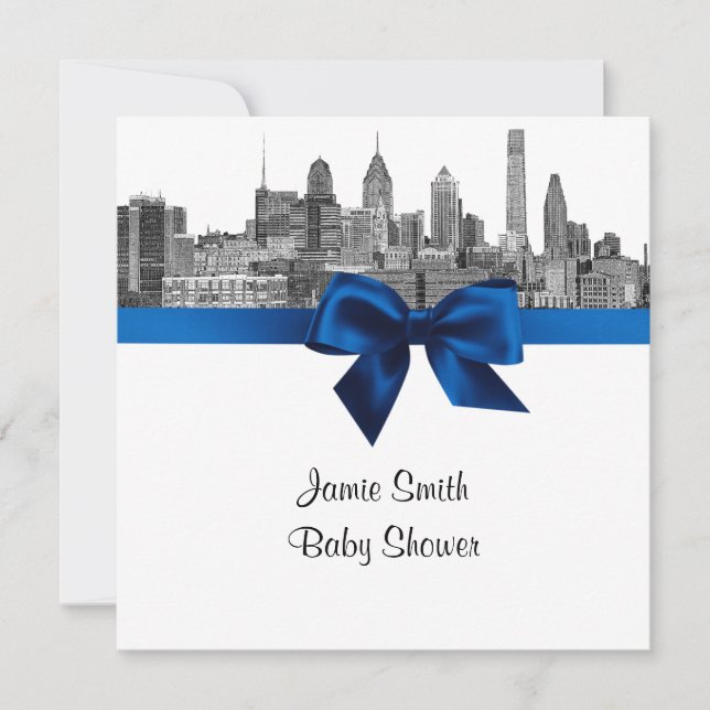 Philadelphia Skyline Etch BW Royal Blu Baby Shower Invitation (Front)