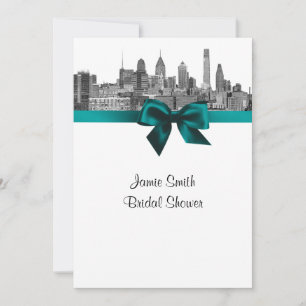 Philadelphia Skyline Etch BW Teal V Bridal Shower Invitation