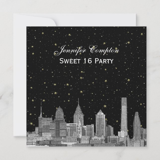 Philadelphia Skyline Etch Starry DIY SQ Sweet 16 Invitation (Front)
