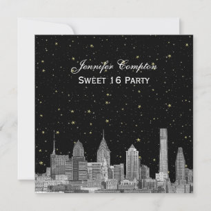 Philadelphia Skyline Etch Starry DIY SQ Sweet 16 Invitation