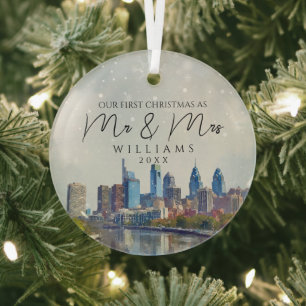 Philadelphia Skyline First Christmas As Mr & Mrs Glass Tree Decoration