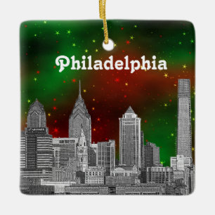 Philadelphia Skyline Green Red Starry Sky Xmas Ceramic Ornament