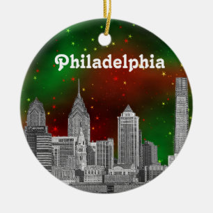 Philadelphia Skyline Green Red Starry Sky Xmas Ceramic Tree Decoration