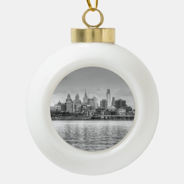 Philadelphia skyline in black and white ceramic ball christmas ornament (Front)