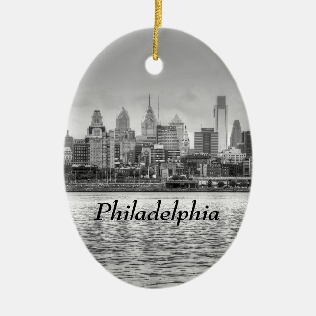 Philadelphia skyline in black and white ceramic tree decoration (Front)