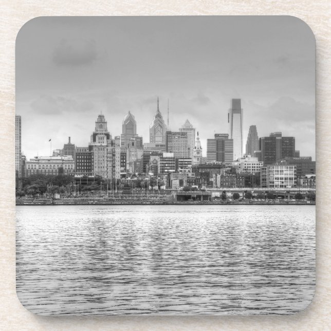 Philadelphia skyline in black and white coaster (Front)