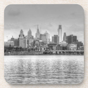 Philadelphia skyline in black and white coaster