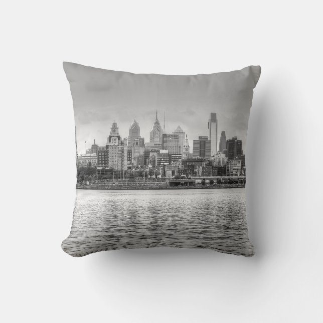Philadelphia skyline in black and white cushion (Front)