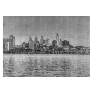 Philadelphia skyline in black and white cutting board