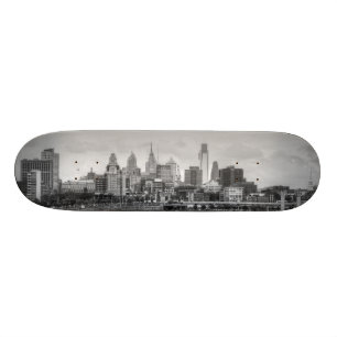 Philadelphia skyline in black and white skateboard