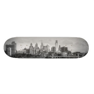 Philadelphia skyline in black and white skateboard