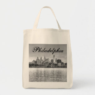 Philadelphia skyline in black and white tote bag
