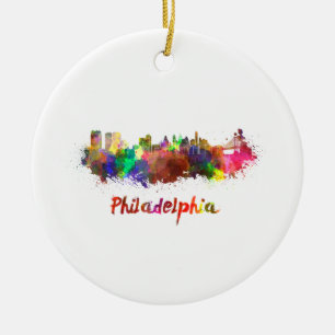 Philadelphia skyline in watercolor ceramic tree decoration
