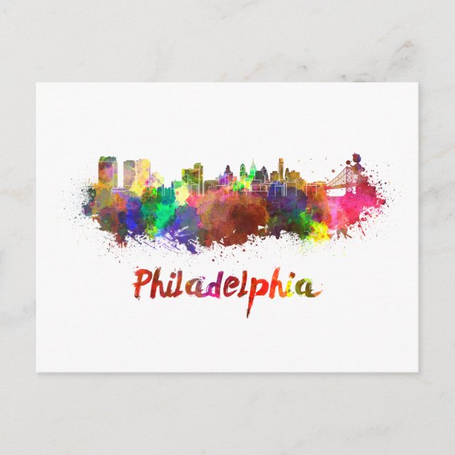 Philadelphia skyline in watercolor postcard (Front)