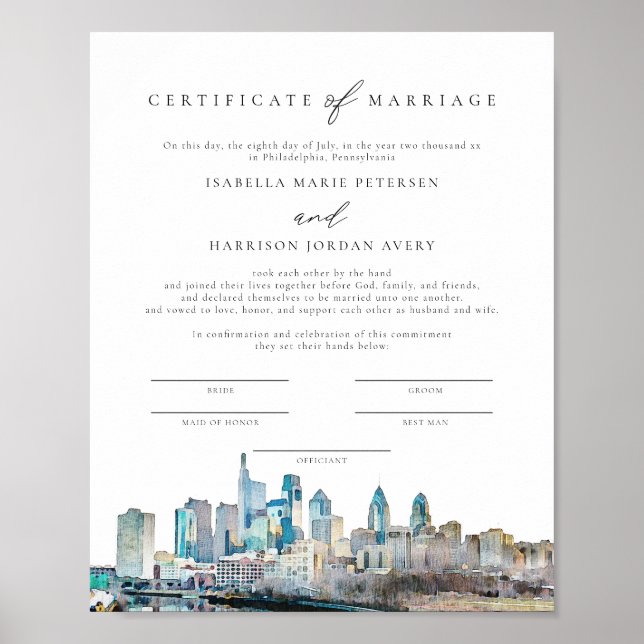 PHILADELPHIA Skyline Marriage Certificate Keepsake Poster (Front)