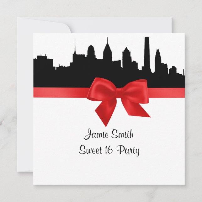 Philadelphia Skyline Silhouette Red Sweet Sixteen Invitation (Front)