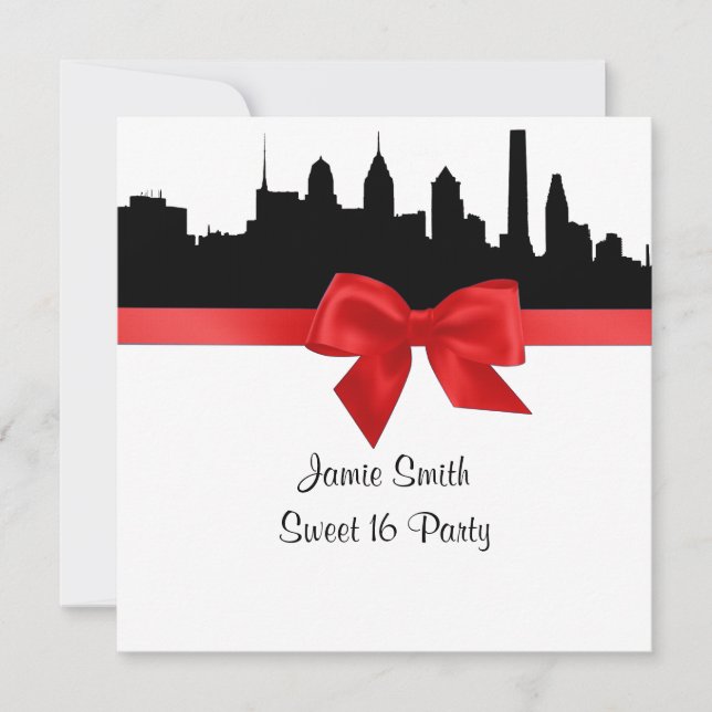 Philadelphia Skyline Silhouette Red Sweet Sixteen Invitation (Front)