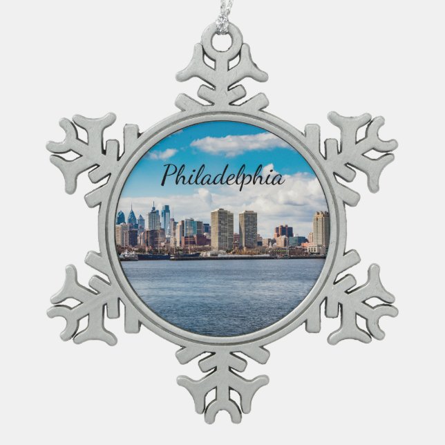 Philadelphia Skyline Snowflake Pewter Christmas Ornament (Front)