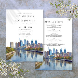 Philadelphia Skyline Watercolor All In One Wedding Invitation
