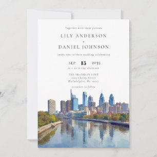 Philadelphia Skyline Watercolor Elegant Wedding Invitation