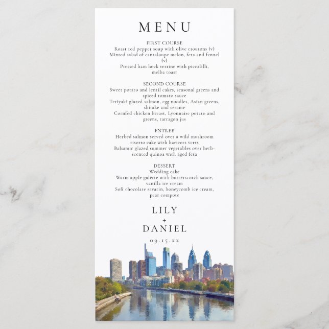 Philadelphia Skyline Watercolor Elegant Wedding Menu (Front)