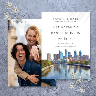 Philadelphia Skyline Watercolor Photo Wedding Save The Date
