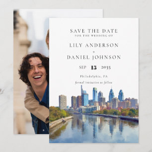 Philadelphia Skyline Watercolor Photo Wedding Save The Date