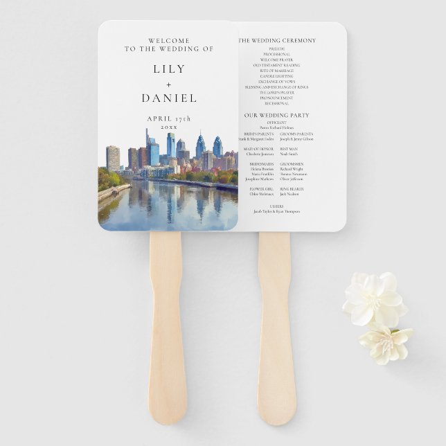 Philadelphia Skyline Watercolor Wedding Program Hand Fan (Front and Back)