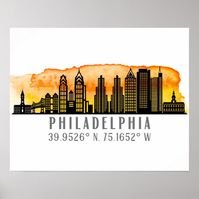 Philadelphia Sunset Skyline Map Coordinates  Poster (Front)