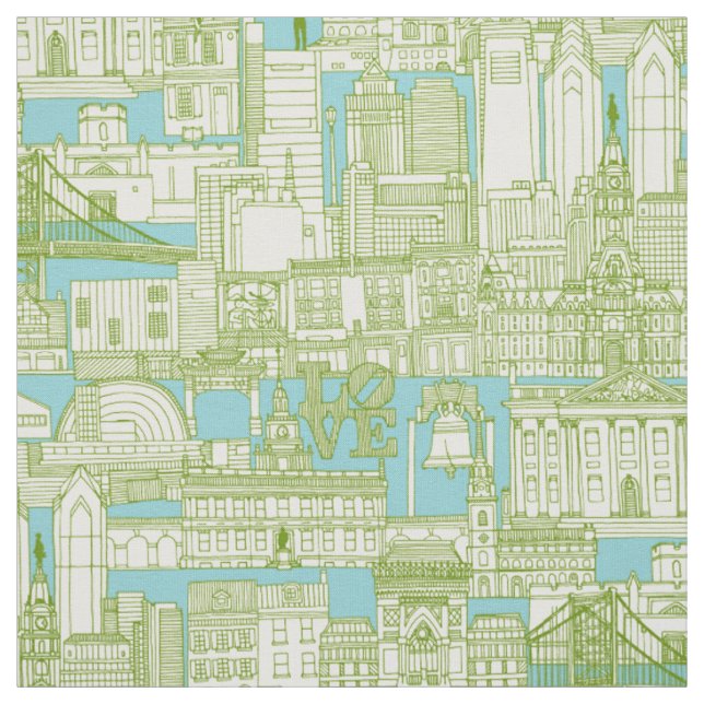 Philadelphia toile aqua olive fabric (Swatch)
