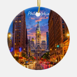Philadelphia, USA - City Hall Twilight Skyline Ceramic Tree Decoration