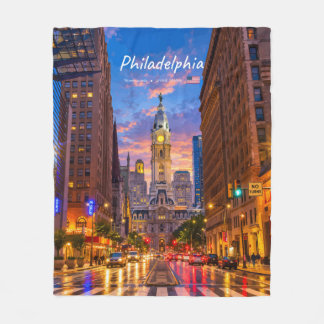 Philadelphia, USA - City Hall Twilight Skyline Fleece Blanket