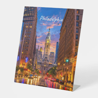 Philadelphia, USA - City Hall Twilight Skyline Pedestal Sign