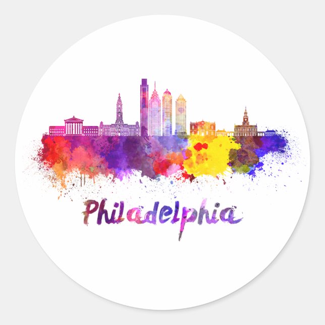Philadelphia V2 skyline in watercolor Classic Round Sticker (Front)
