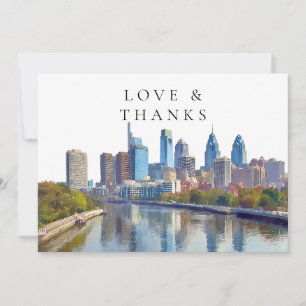 Philadelphia Watercolor Wedding Photo Thank You Card