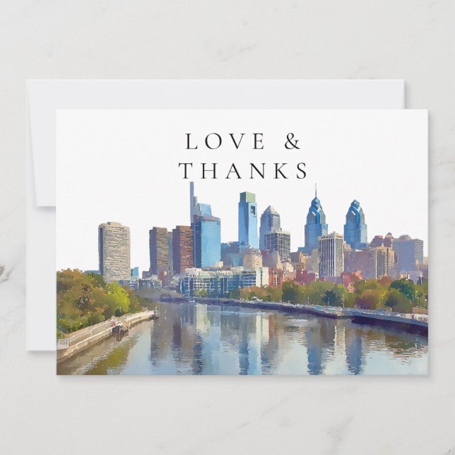 Philadelphia Watercolor Wedding Photo Thank You Card (Front)