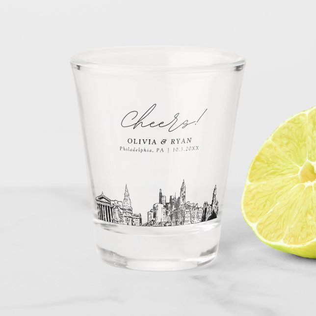 Philadelphia Wedding Favour Personalised Cheers Shot Glass (Front)